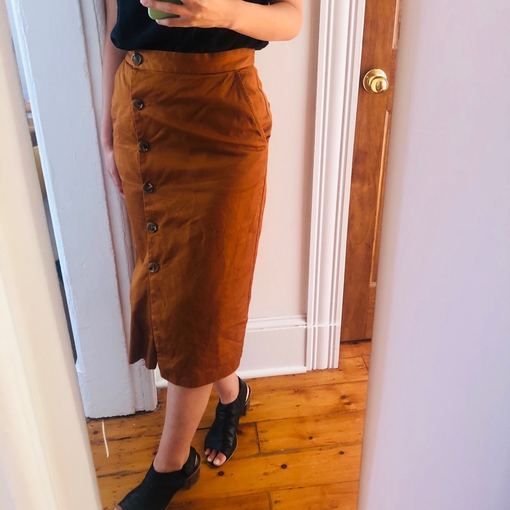Rust denim midi skirt